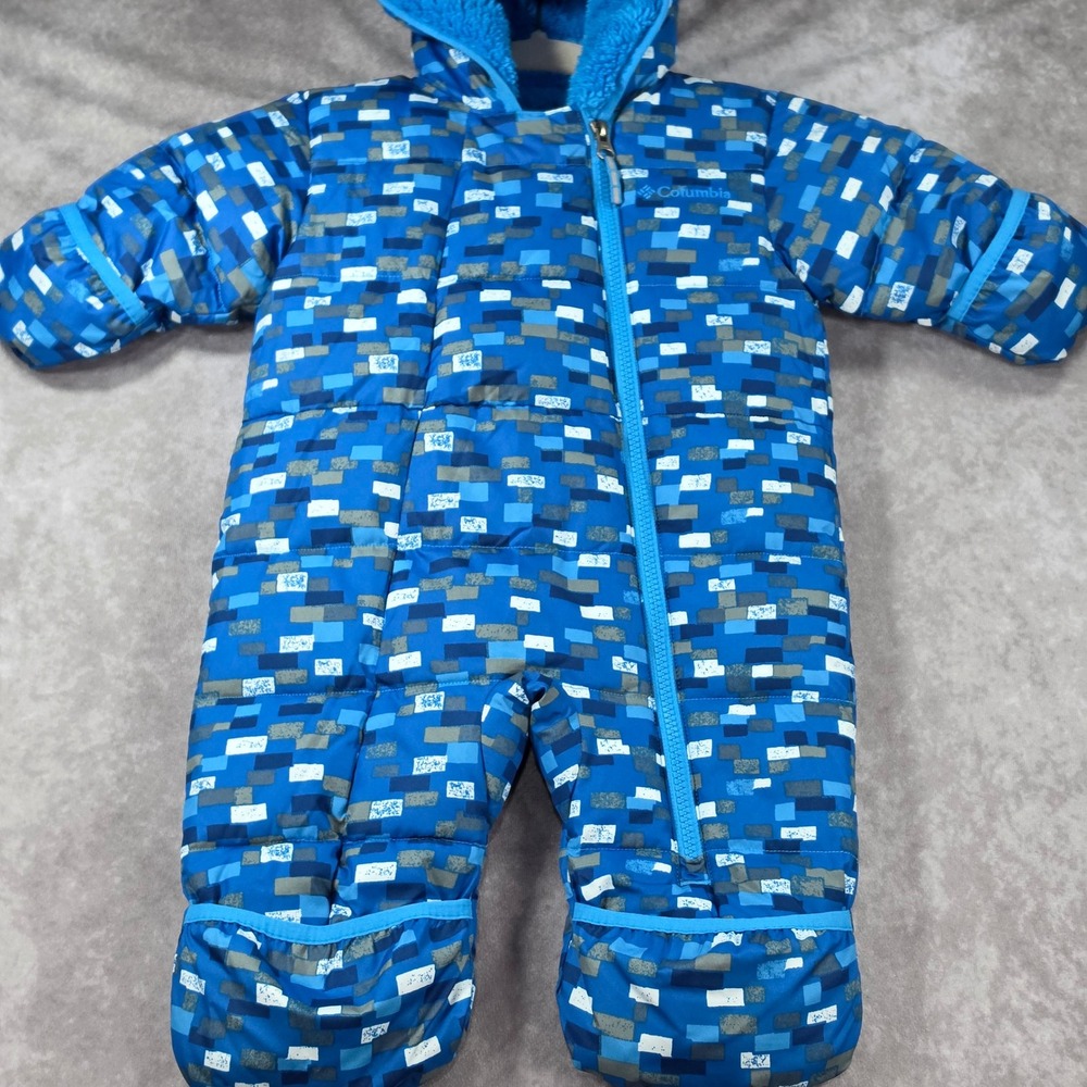 Columbia Snuggly Bunny Bunting Baby 3-6 Months Blue Block Print Excellent Fleece